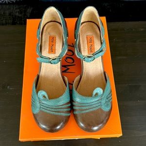 Miz Mooz Eloy heels, size 6. Brown/ teal front buckle strap.